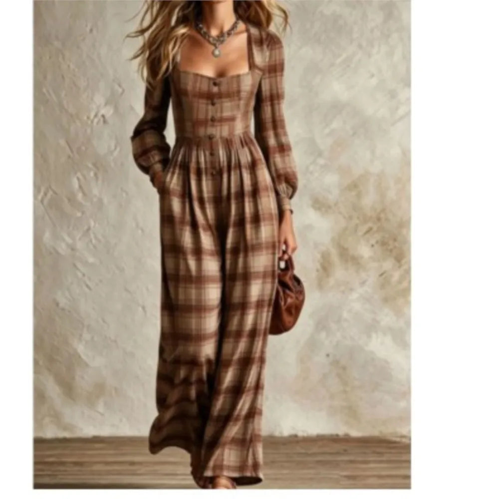 Women's Fashion Square Neck Retro Plaid Long Sleeve Jumpsuit Autumn New Waist Single Breasted Pocket Wide Leg Female Rompers2026