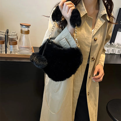 Large Capacity Fur Handbag Heart Shape Ladies Shoulder Bag Fashionable Cute Soft Zipper Closure Interior Phone Pocket