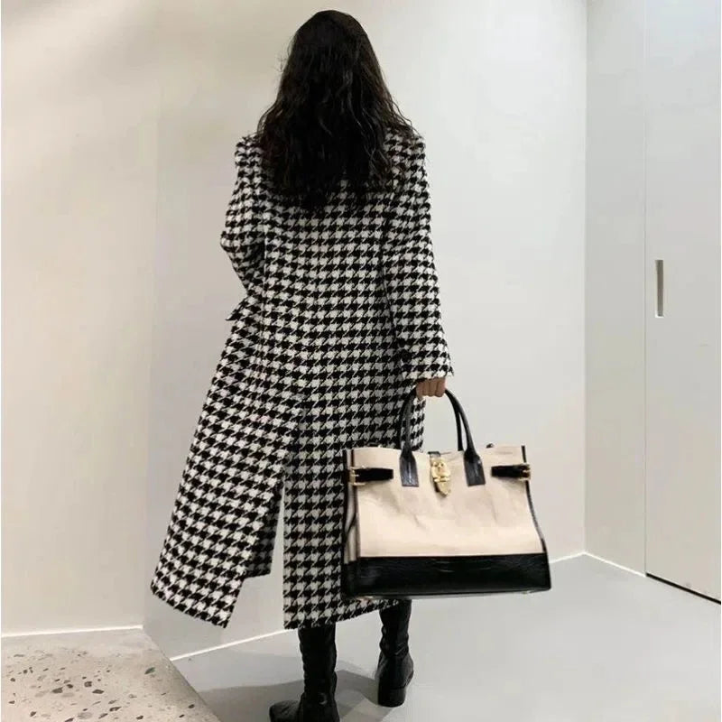Women Autumn Winter Woolen Coat 2025 New Women Double Breasted Coat Korean Houndstooth Mid-Length Woolen Coat Lady Winter Jacket