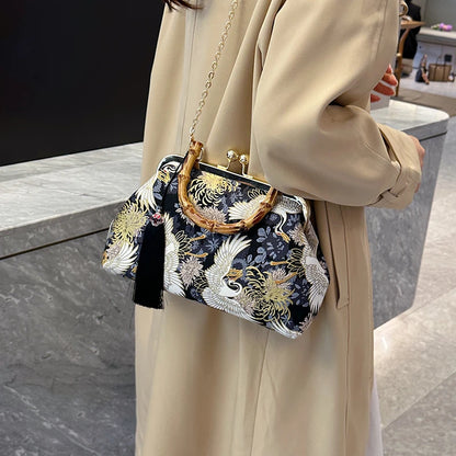 Designer Bamboo Handle Handbag Retro Embroidery Women Evening Bag High-end Nylon Crossbody Bag Luxury Lady Shoulder Bags Satchel
