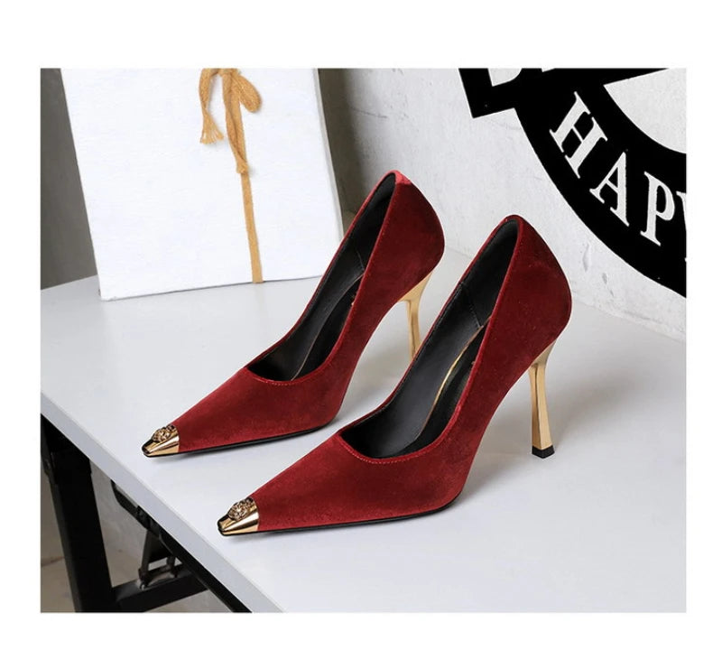 Women Peach Pink Velvet Metal Capped Pointed Toe Pumps Gold Trapezoid Thin High Heels Gentle Retro Luxury Date Banquet Ladies