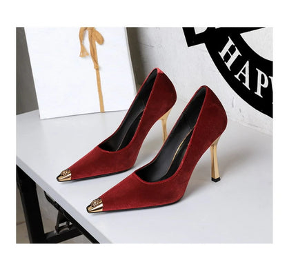 Women Peach Pink Velvet Metal Capped Pointed Toe Pumps Gold Trapezoid Thin High Heels Gentle Retro Luxury Date Banquet Ladies