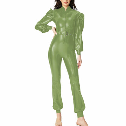 Plus Size Fashionable PVC Patent Leather Jumpsuit for Women Latex-look Clubwear Stand Collar Belt Puff Long Sleeve Slim Rompers