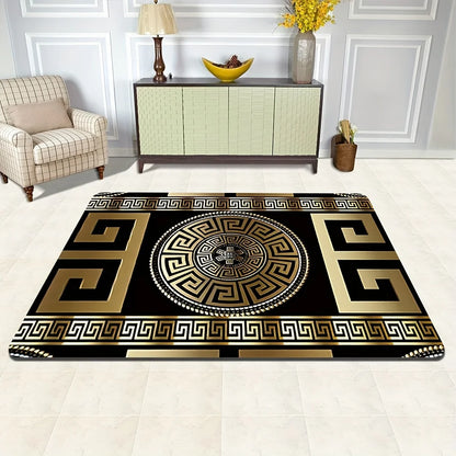 Retro Black&Gold Greek Key Floor Mat,Non-Slip HD Geometric Print, Washable Welcome Rug for Entryway,Living Room,Bathroom & More