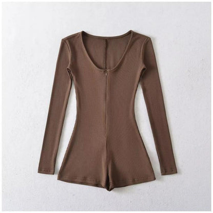 Women's Short Yoga Jumpsuits Long Sleeve Slim Fit Stretch One Piece Playsuits Sexy Fitness Female Shorts Zipper Sportwears