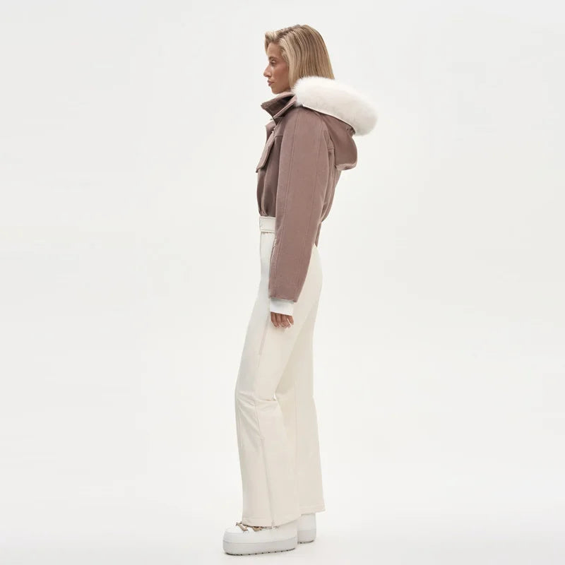 Faux Fur Patchwork Ski Jumpsuit Women Detachable Hoodie Long Sleeves Belts Zipper Warm Skiwear Female 2025 Winter Warm Rompers