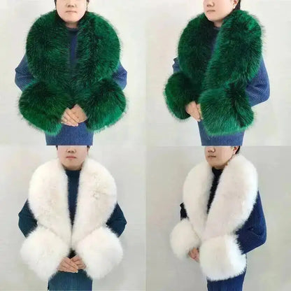 Large Women Faux Fox Fur Scarf Winter Jackets Warm Fluffy Shawl Fashion Artificial Fur Collar And Cuff Set Fluffy Scarves Female