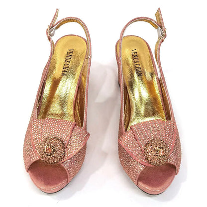 Mature Sweet Spot Good Arrival Peach Color Square Heels Peep Toe Shoes Matching Bag Set For Nigerian Women Wedding Party Pump