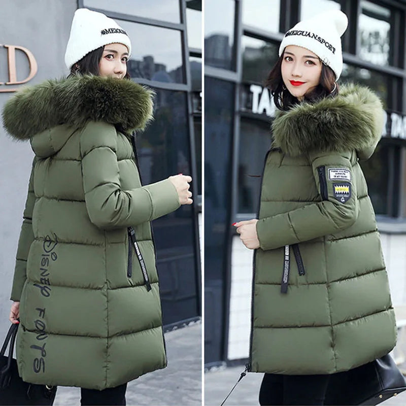 Women Winter Fur Collar Hooded Parka Coats Fashion Letter Patch Zipper Long Jacket Elegant Slim Warm Thick Female Snow Outerwear