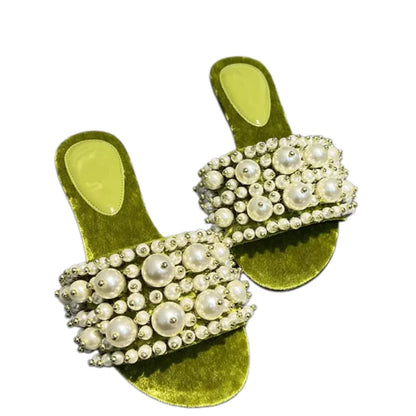 Outdoor Slippers Pearl Decor Flat Slippers Women Flannel Open Toe Slides Slip On Luxury Sandals Elegant Comfortable Summer Shoes