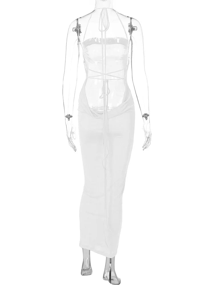 Sexy Long Shoulder Strap Open Back Backless Bodycon Maxi Dress Women Sleeveless Halter Skinny Long Dress Club Party Vestidos