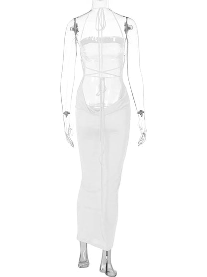 Sexy Long Shoulder Strap Open Back Backless Bodycon Maxi Dress Women Sleeveless Halter Skinny Long Dress Club Party Vestidos