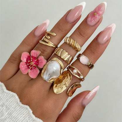 8Pcs/Set Vintage Pink Metal Flower Ring Set for Women Punk Elegant Baroque Pearl Knuckle Joint Ring Party Daily Wear Jewelry