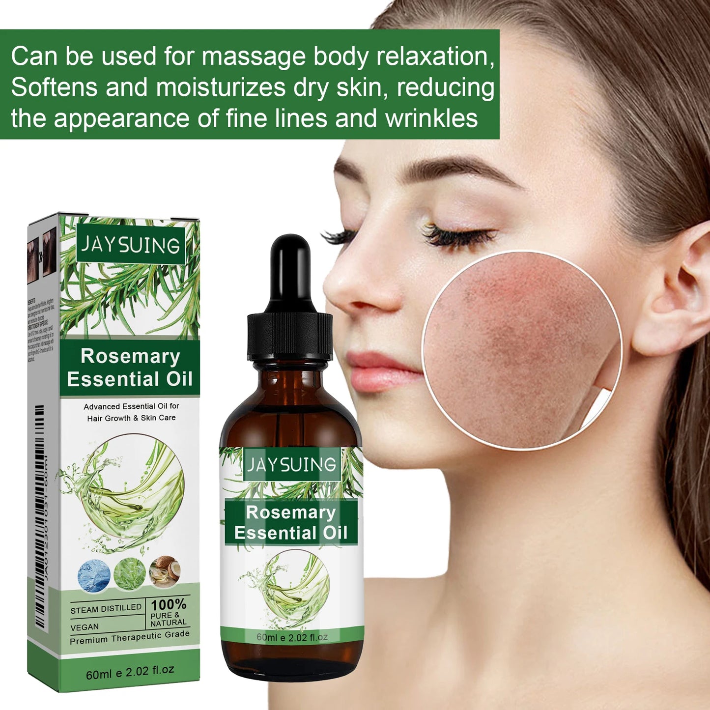 Rosemary Essential Oil 60ml Hair Growth Serum Scalp Treatment Skin Care Anti Aging Vitamin E Enriched for Thicker Hair Glowing