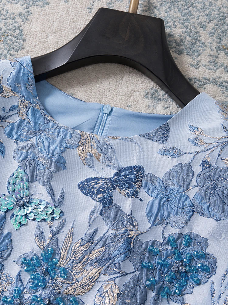 Women Blue Jacquard Beaded Dress Short Sleeve Round Neck a Line Elegant Slim Fit Summer Party Fashion Luxury Midi Dress