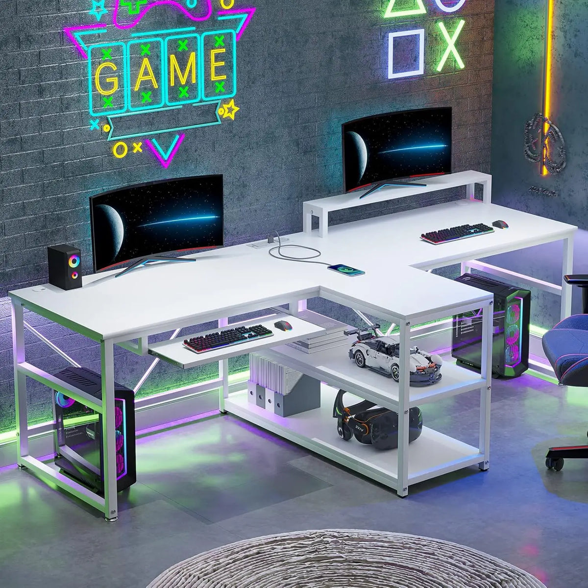 94.5" 2 Person Gaming Desk with Storage Shelves, LED Light, Black | Double T Shaped Office Desk with Keyboard Tray,, Custom
