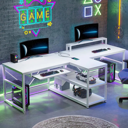 94.5" 2 Person Gaming Desk with Storage Shelves, LED Light, Black | Double T Shaped Office Desk with Keyboard Tray,, Custom
