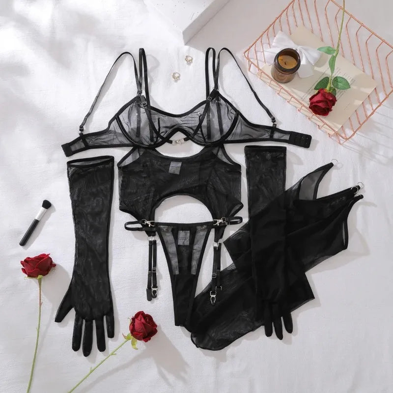 Solid Women's Lingerie Sets Seductive See Through Bra Belt Thong 3PC with glovs stockings Sissy Sexy Women's Underwear