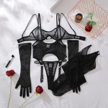 Solid Women's Lingerie Sets Seductive See Through Bra Belt Thong 3PC with glovs stockings Sissy Sexy Women's Underwear