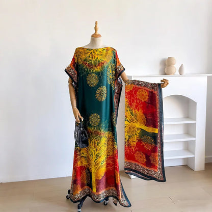 Ladies Scarf New Dubai Fashion Print Design Women Long Dress 2026 Summer Beach Party Loose Dress Silk Soft African Abaya MOOMOO