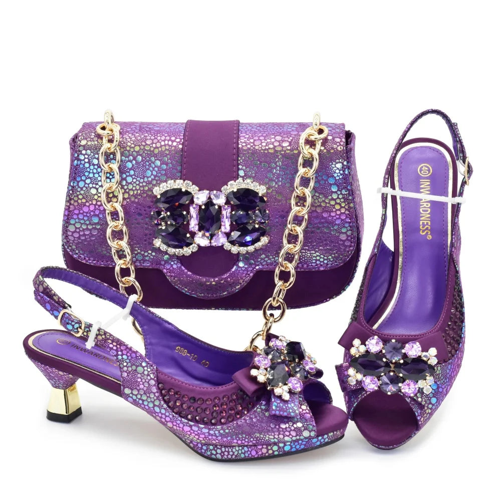 Nigerian Heel Party for Women Gold Color Shoes and Bag Set Rhinestone Handbag Italian Design Wedding Pumps Women Shoes Luxury