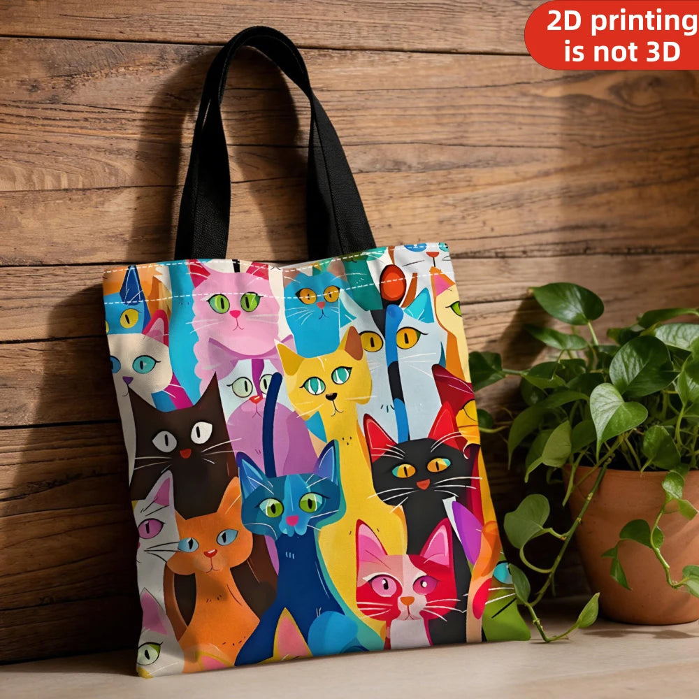 Colorful Kitten Printed Casual Handbag, Reusable Fashionable Backpack, Multifunctional Handbag, Printed Shopping Bag 40x40cm