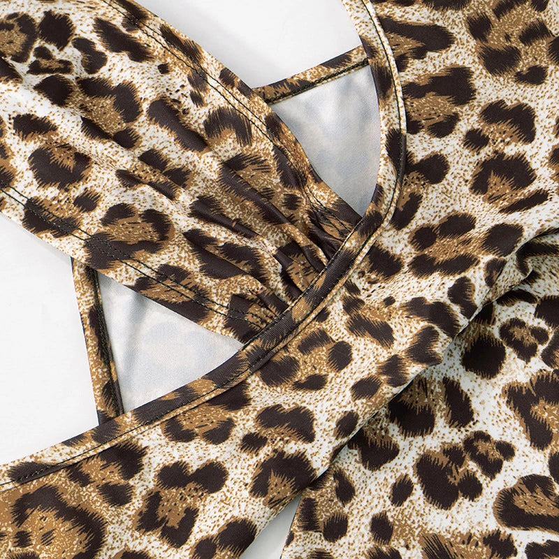 AVV Fashion Leopard Printing Long Sleeve Hollow Out Club Rompers Sexy Women's V-neck High Waist Skinny Jumpsuit Streetwear