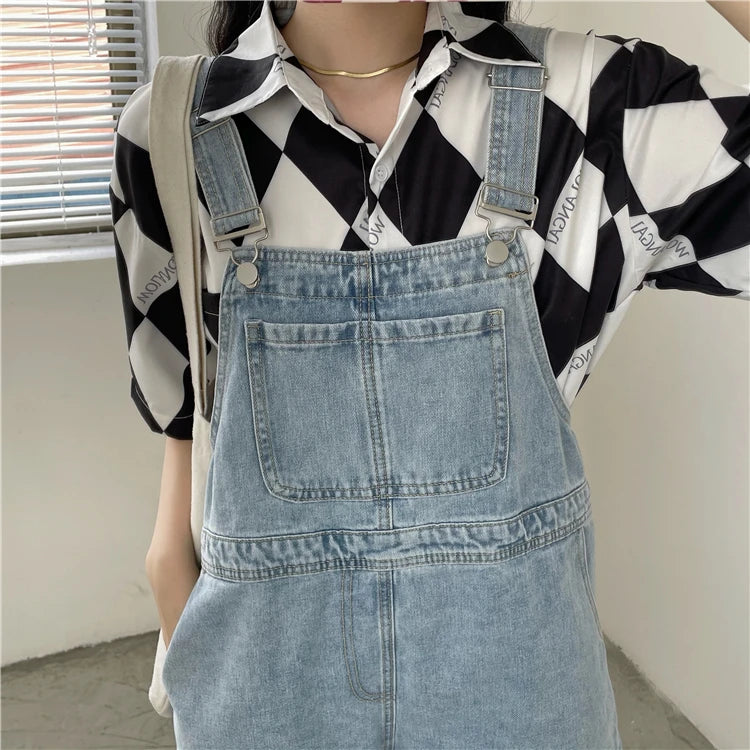 Women's Denim Overalls Short Trousers Wide Leg Loose Fit Thin Jumpsuit Korean Style for Petite Ladies Casual Clothing
