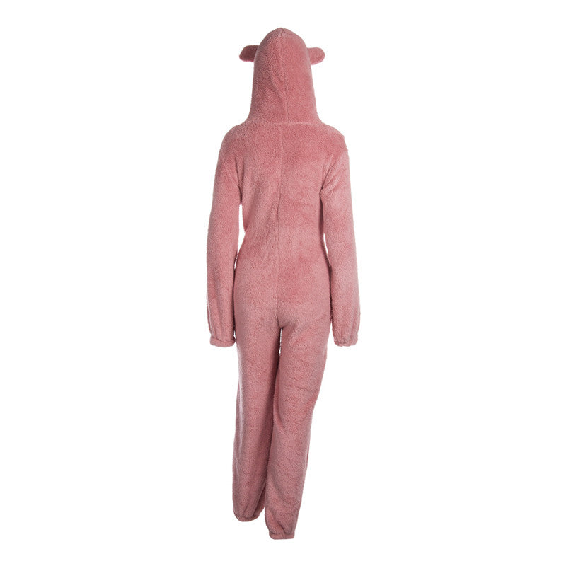 Women Winter Warm Plush Romper Pajamas Solid Color Long-Sleeve Zipper High Neck Hooded Homewear S/M/L/XL/2XL