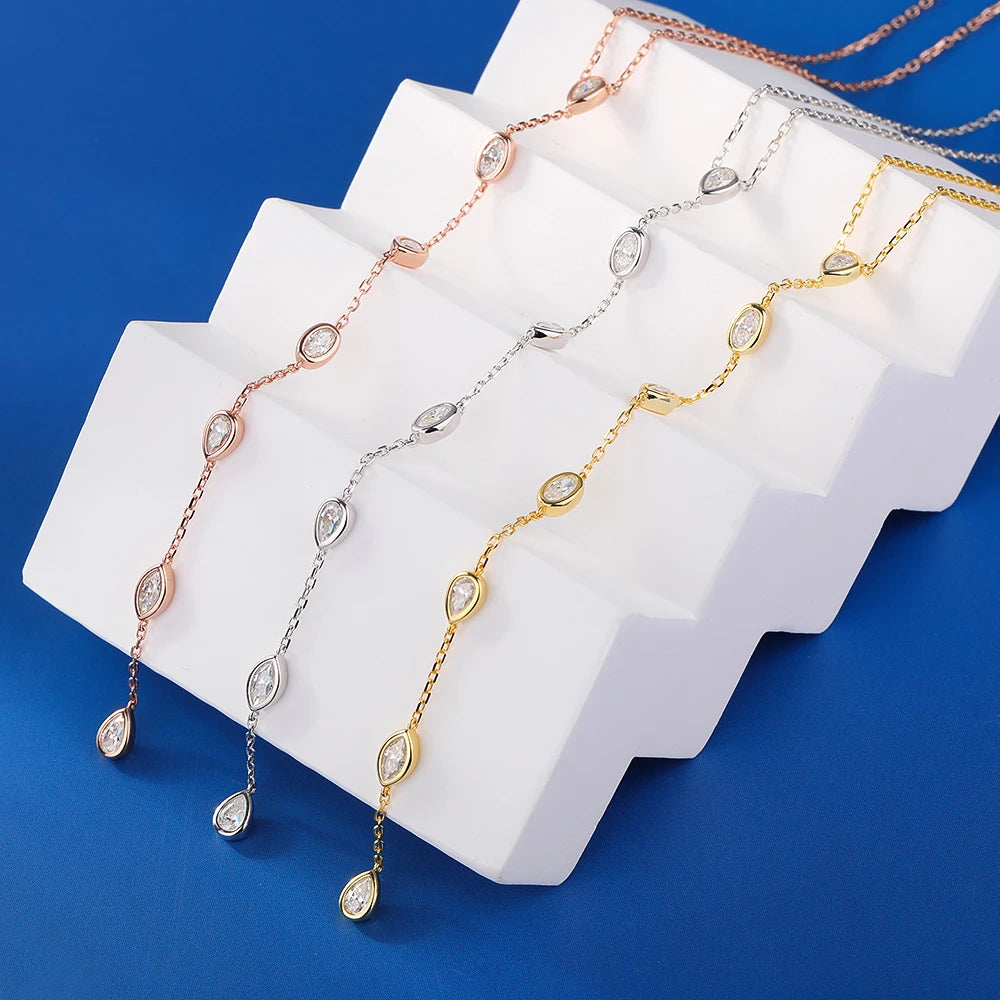 Bezel Set Long Tassel Y Shape Moissanite Necklace 925 Sterling Silver Multi Stone Necklace for Women 925 Sterling Silver Jewelry