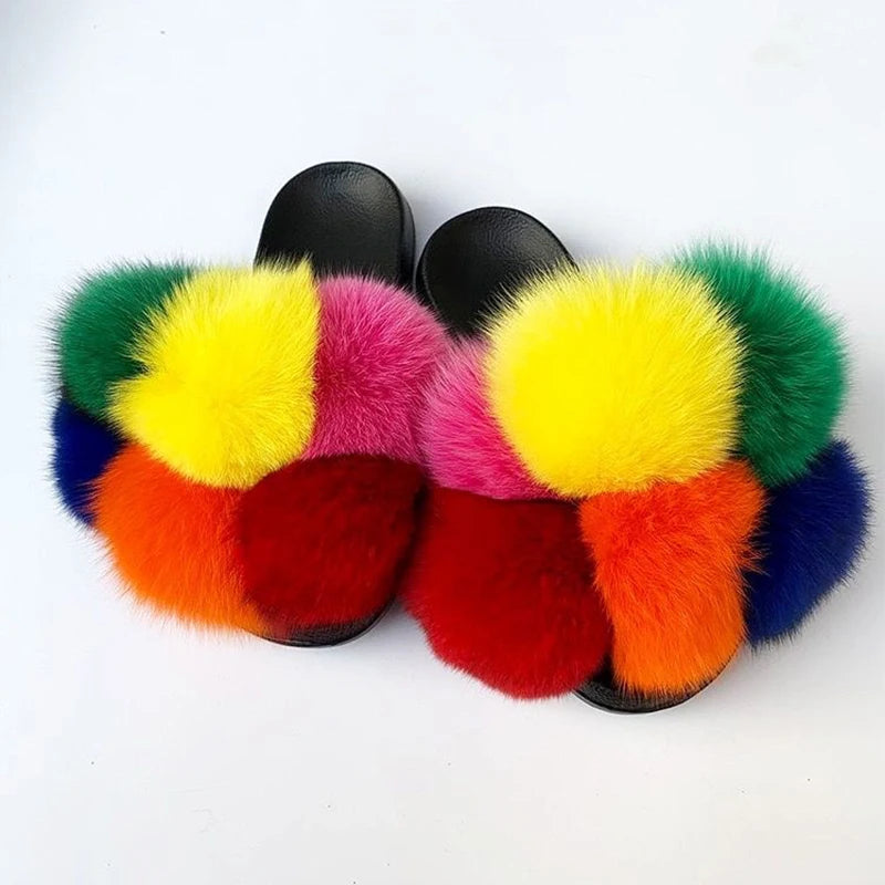 Natural Fox Fur Slippers, Fashionable Outdoor Multi-Color Animal Hair Slippers, Women's Gifts, Soft EVA Sole Slippers, On Trend