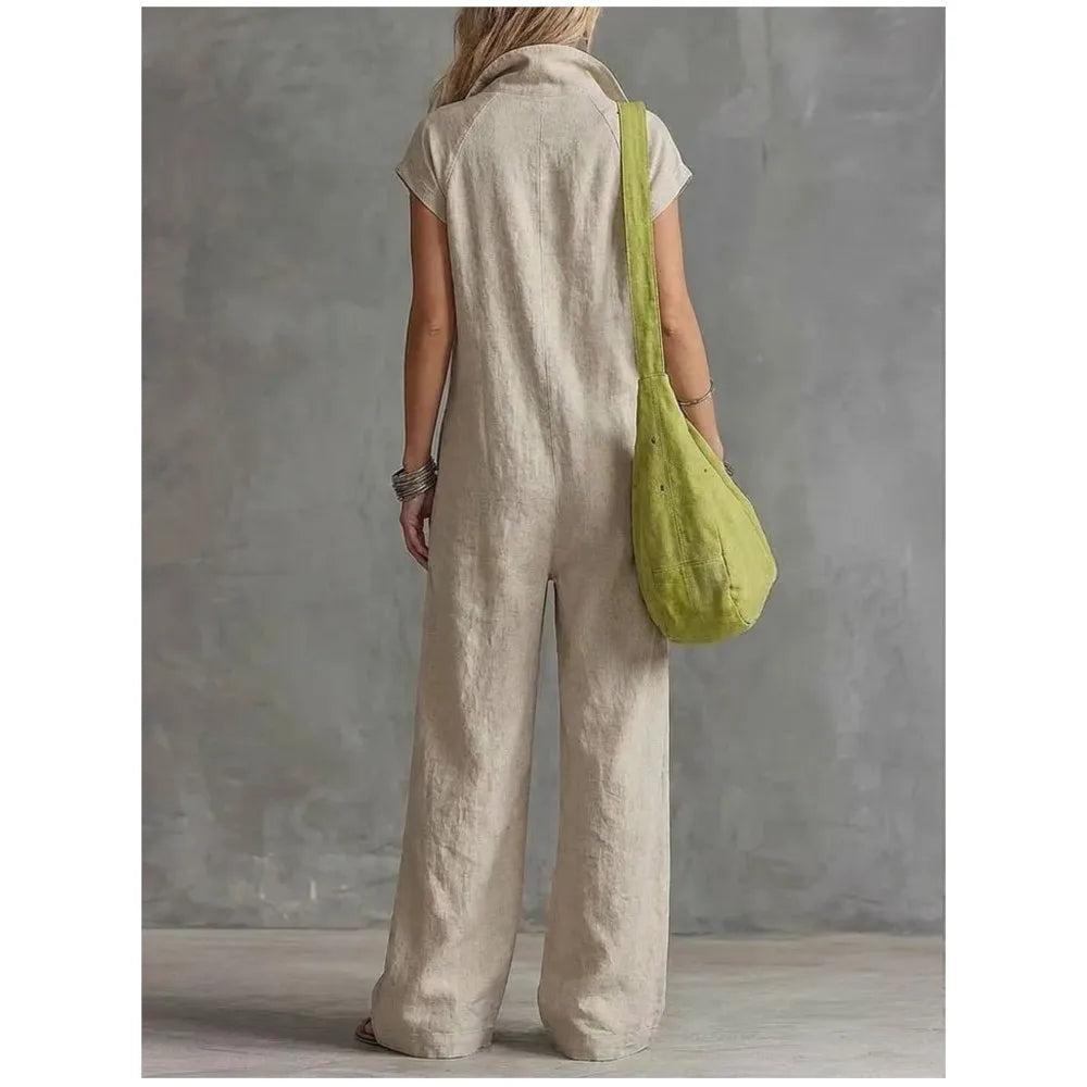 Summer New Fashion Zipper Lapel Short-sleeved Loose Women's Jumpsuit 2026 Loose Simple Pocket Casual Vacation Female Jumpsuit