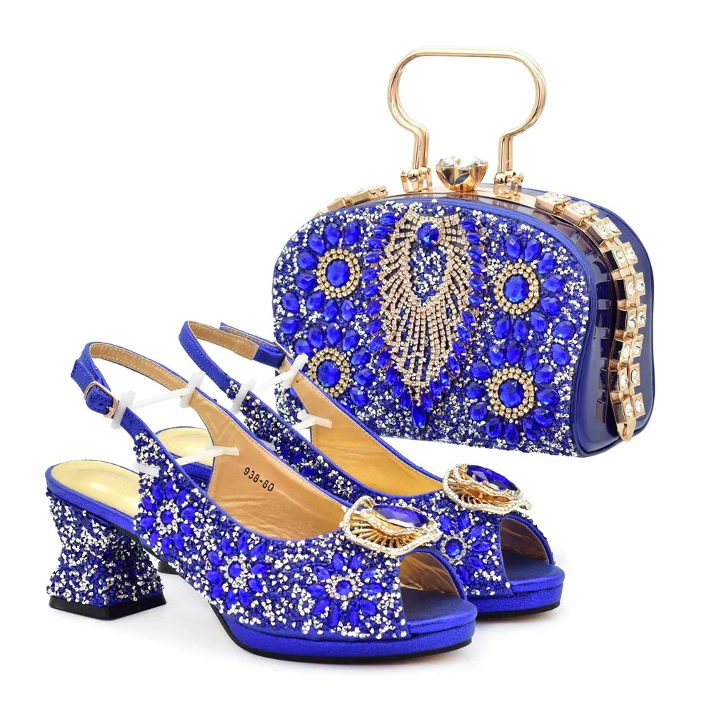 Popularity Peep Toe Heels for Women 2025 Elegant Party Full Diamond Pumps Italian Shoes and Bags Matching Set Bridal Shoes