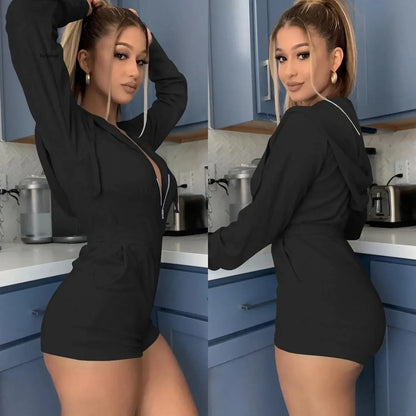 Hooded Jumpsuit Women Short Jumpsuit Black Blue Neon Geen Pink Overalls One Piece Outfit Jumpsuit Women Rompers Ropa Mujer