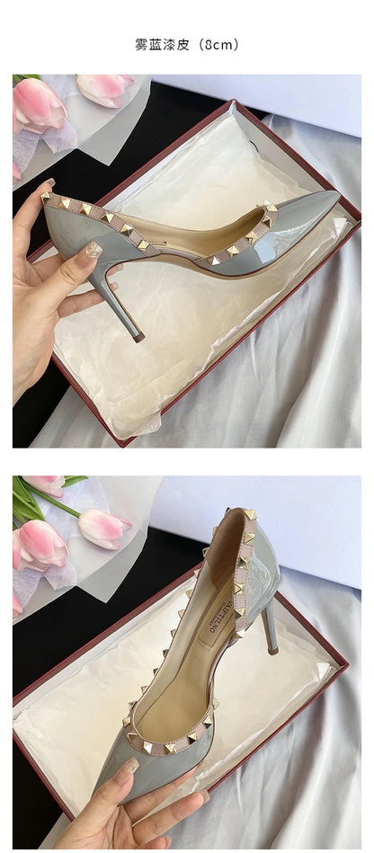 Luxury Brand Women's Shoes Woman Sandals Summer Rivets High Heels Side Empty Female Leather Fashion Prom Ladies Shoes Women 2026