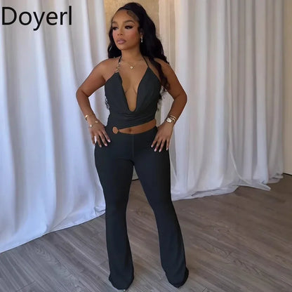 Doyerl Halter V-neck Backless One Piece Jumpsuit Women Sexy Hollow Out Sleeveless Night Club Outfits Birthday Rompers Overalls