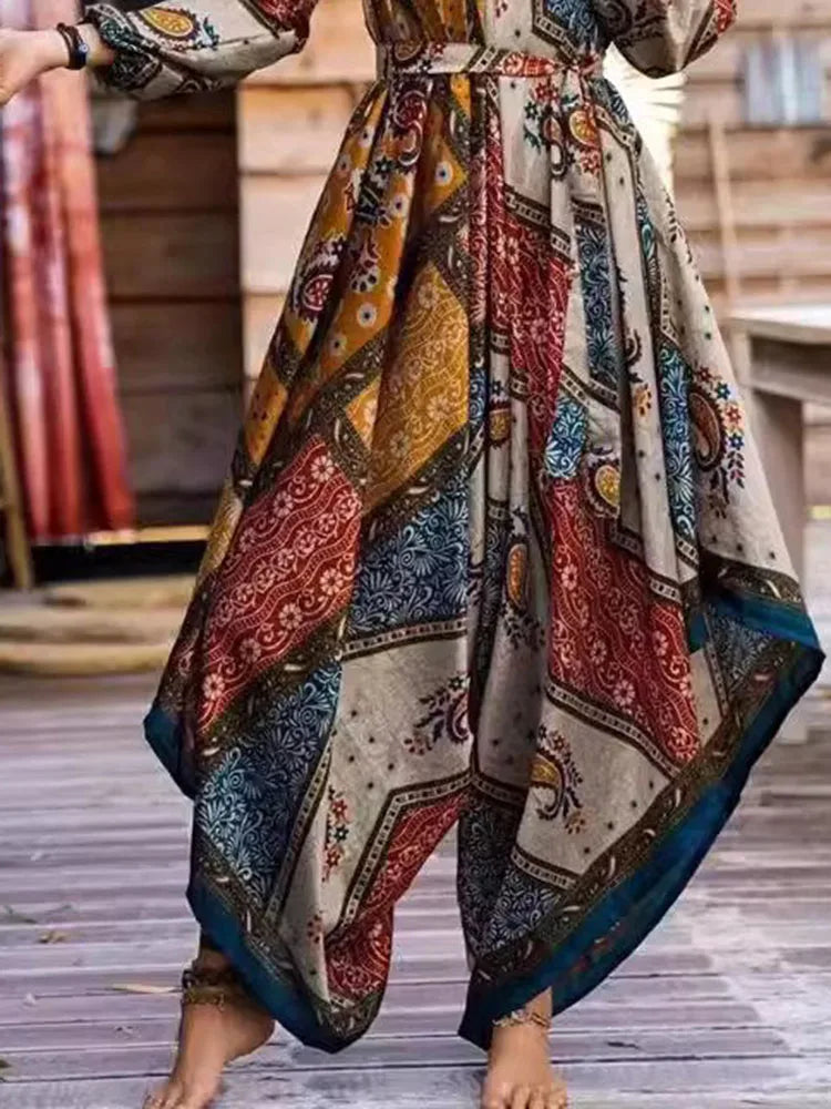 Sexy Women's Spaghetti Strap Skirt Jumpsuit Spring Vintage Print Long Sleeve Harlan Pocket Wide Leg Pants Loose Rompers Women