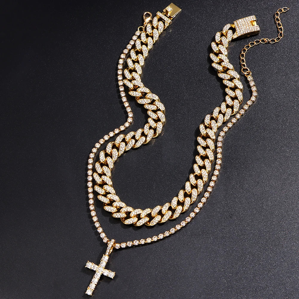 Hip Hop Diamond Cuban Link Chain Cross Necklace Men Women 2Pcs Bling Miami Cuban Chain Necklace Set Iced Out Chain Jewelry