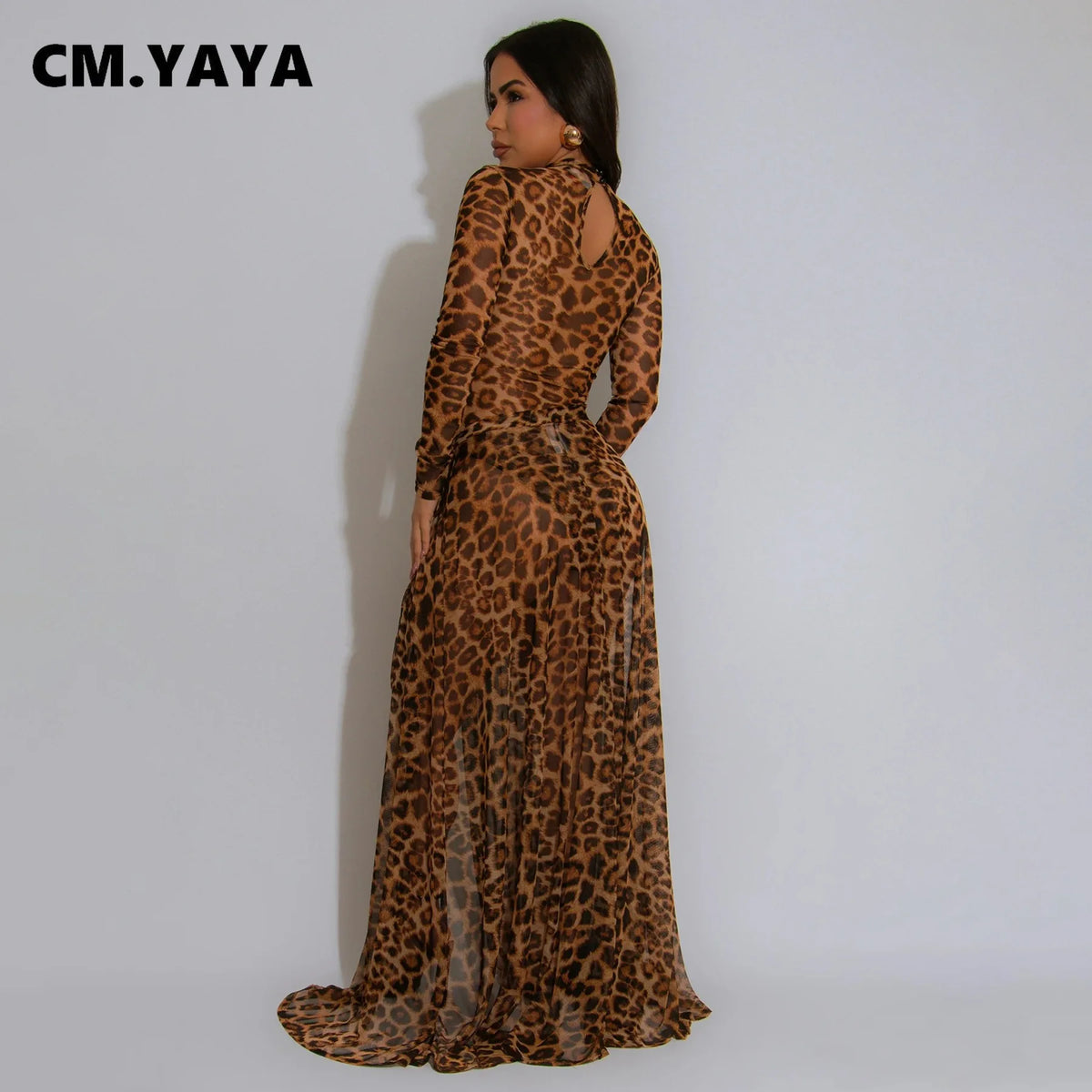 CM.YAYA Women Set Street Leopard Print full Sleeve Bodysuit Tops + long Skirts Suits 2025 Party Street Two 2 Piece Dress Sets