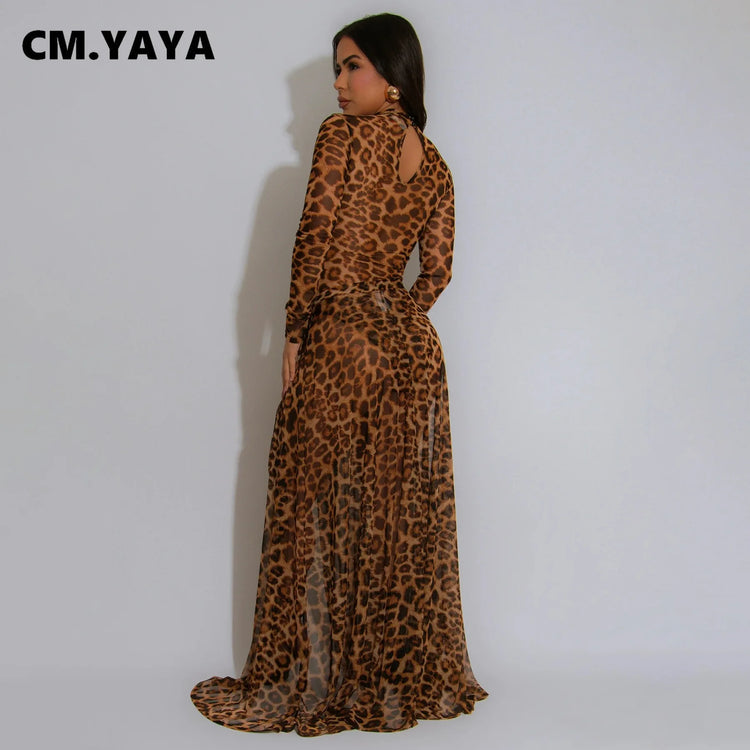 CM.YAYA Women Set Street Leopard Print full Sleeve Bodysuit Tops + long Skirts Suits 2025 Party Street Two 2 Piece Dress Sets