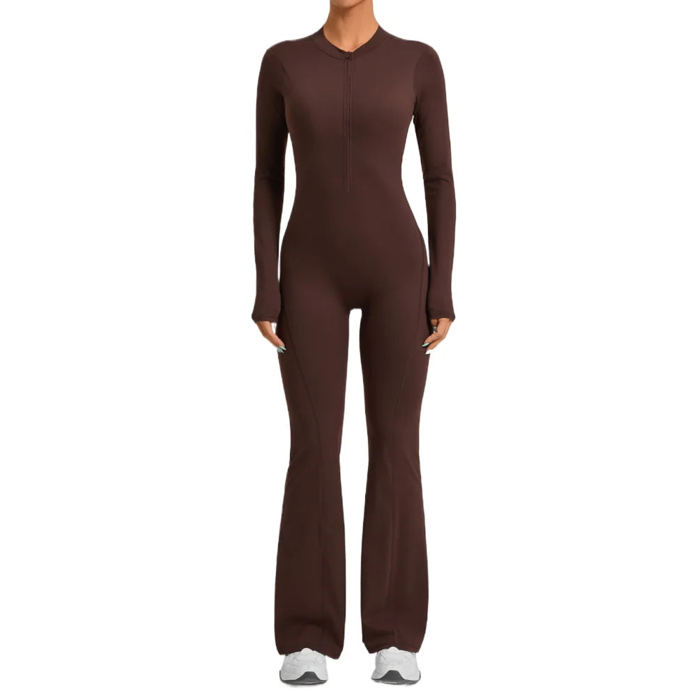 Women Long Sleeve Zip Yoga Bodysuit Cutout Back Scrunch Butt Lift Tummy Control Sweat Wicking Fabric Gym Workout Flare Jumpsuit