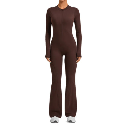Women Long Sleeve Zip Yoga Bodysuit Cutout Back Scrunch Butt Lift Tummy Control Sweat Wicking Fabric Gym Workout Flare Jumpsuit