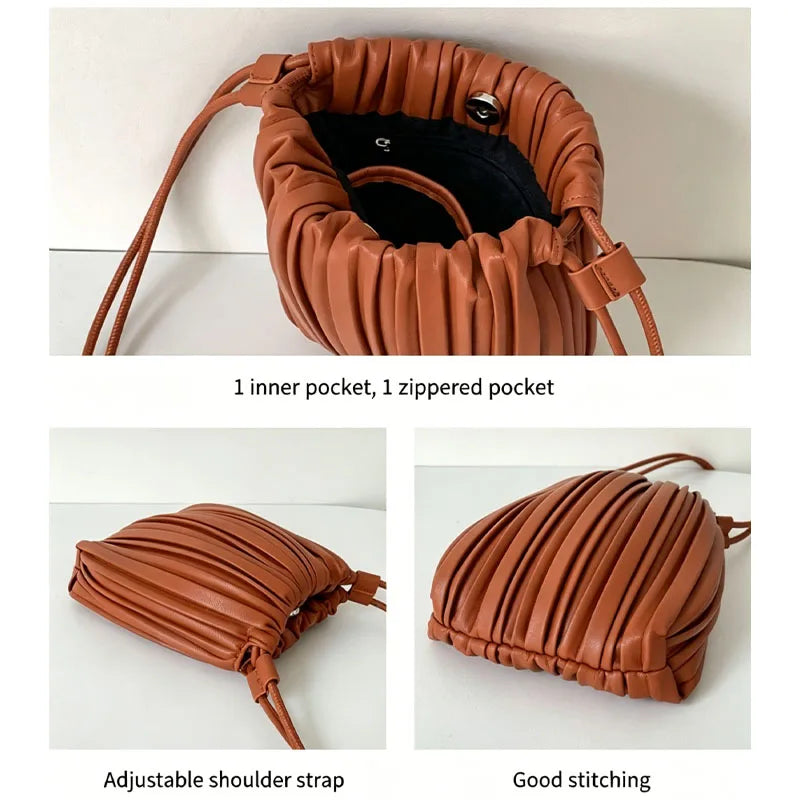 PU Leather Small Square Crossbody Bags for Women 2026 New Fashion Pleated Versatile Phone Shoulder Bag Korean Luxury Handbags