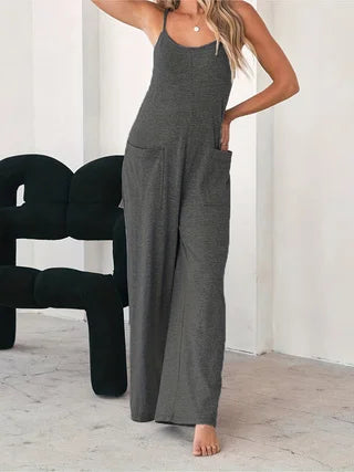 Plus Size Casual Sleeveless Jumpsuit Spaghetti Strap Loose Wide Leg Pocketed Beach Vacation Romper for Women