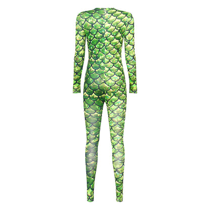 Womens Rash Guard One Piece Swimsuit Mermaid Fish Scale Print Long Sleeve Back Zipper Full Body Tops Sexy Swimwear Jumpsuit