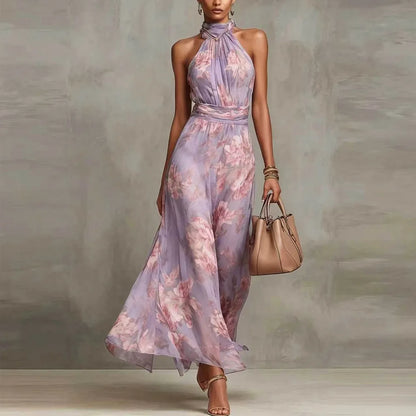SINGREINY Elegant Green Floral Halter Chiffon Maxi Dresses Trendy Sleeveless A-line 2026 Women Floral Wedding Guest Party Dress