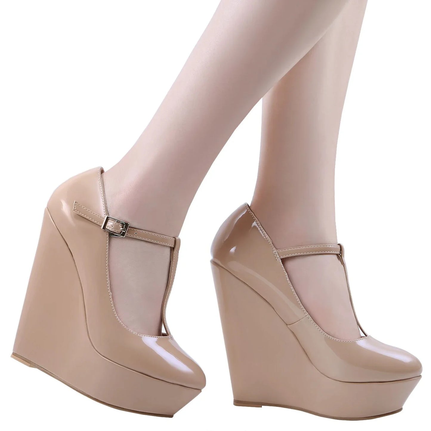 Women Pumps 2026 New Autumn Winter 14cm Round Toes Platform Wedge High Heels T-Strap Gladiator Ladies Dress Party Wedding Shoes