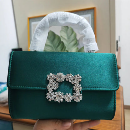 Rhinestone Faux Silk Emerald Evening Bag Silver Diamond Buckle Handle Fashion Handbags Elegant Ladies Square Bolsa Feminina