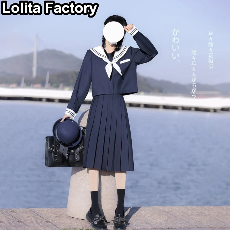 65cm longuette JK Uniform Sets Japanese Women girls uniform dark blue Short/long Sleeve School Uniforms Sailor Pleated Skirt