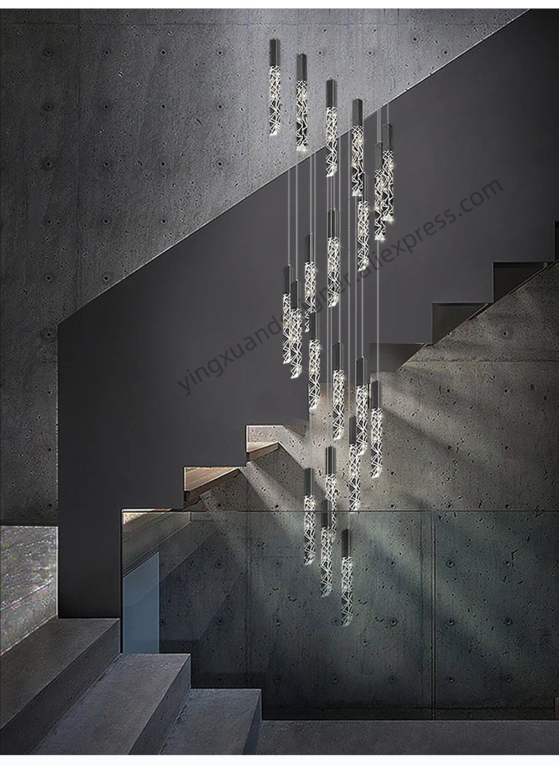 Crystal Staircase Pendant Lamp Modern Gold Lighting Fixture Ceiling Hang Pendant Light Luster Indoor Villa Loft Stair Chandelier